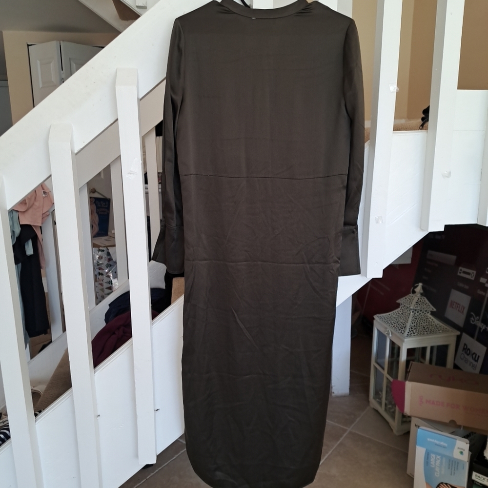 Vince Silk Dark Olive  Band Collar Maxi Shirt  Dress sz0 Excellent. - Picture 6 of 7